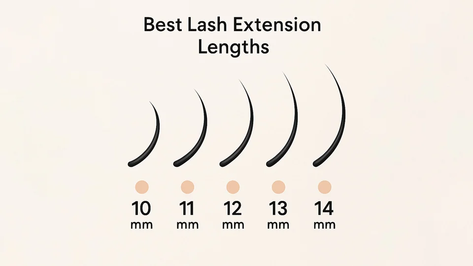Comparison chart showing best lash extension lengths from 10 mm to 14 mm