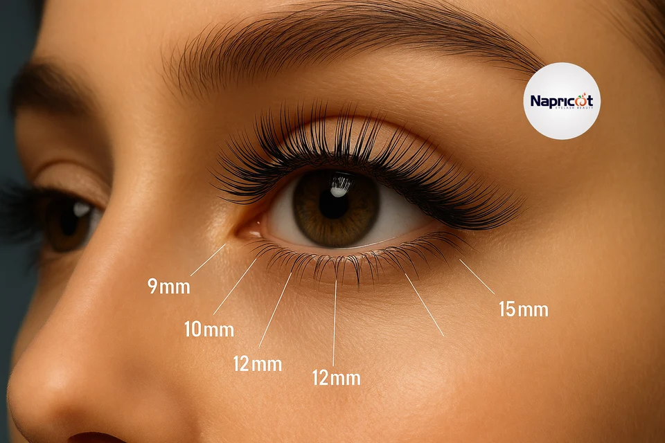 Close-up of eye with eyelash extensions in different lengths mapped across lash line