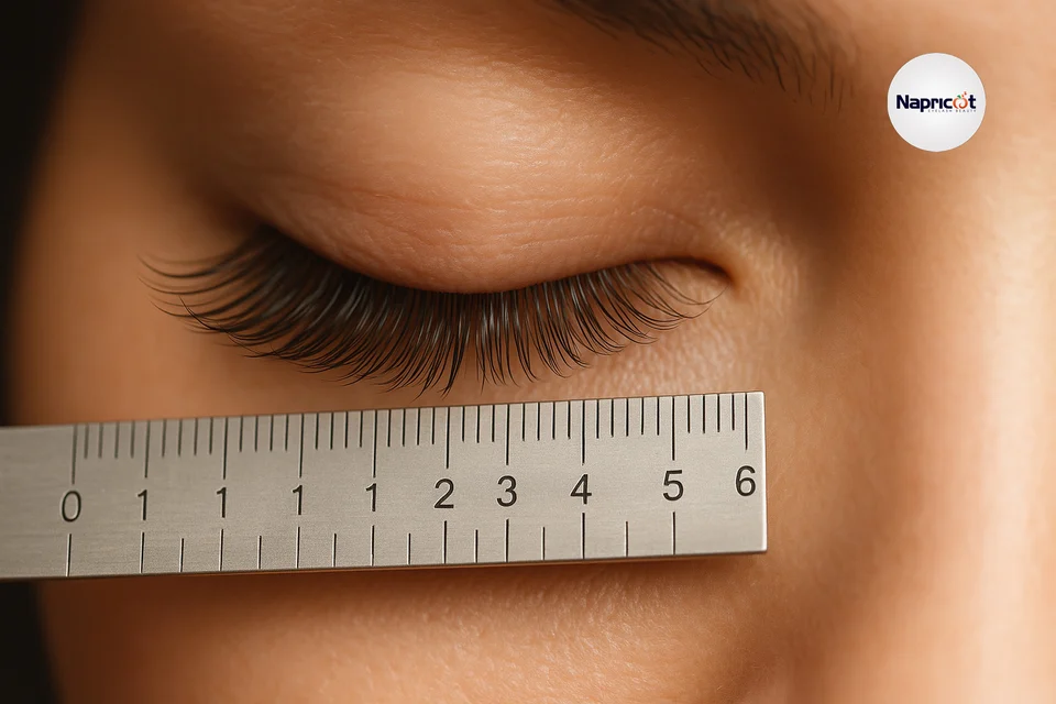 Measuring natural lash length with a millimeter ruler before eyelash extension application