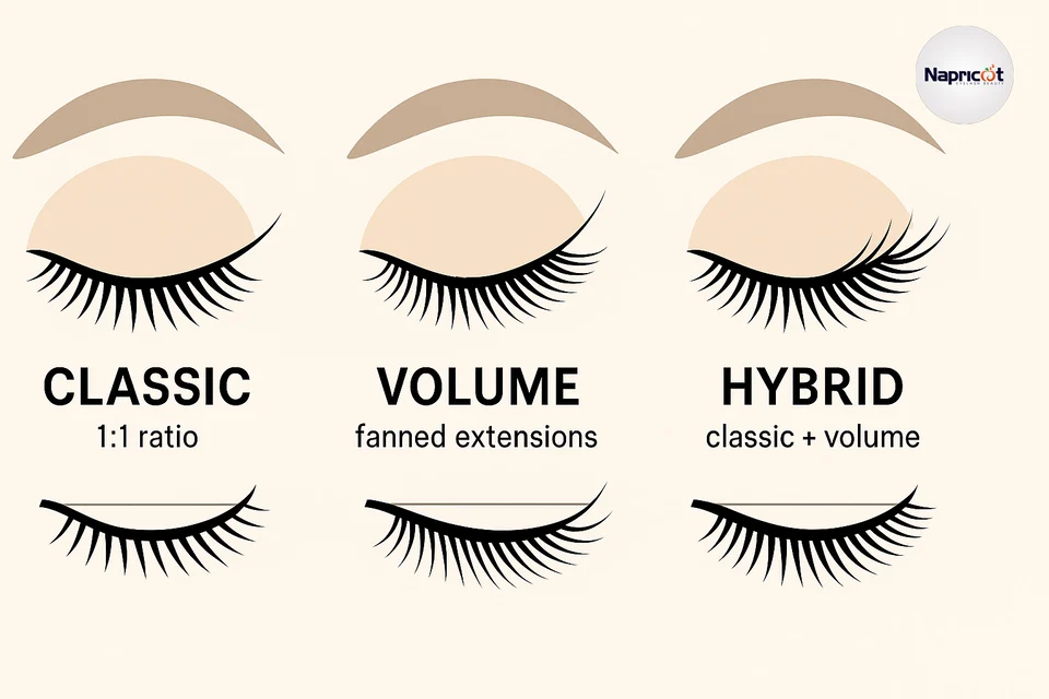 Visual guide to classic, volume, and hybrid eyelash extension lengths and application techniques