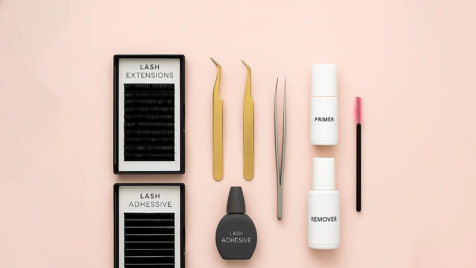 Contents of an eyelash extension kit for beginners including lashes, adhesive, tweezers, and brushes