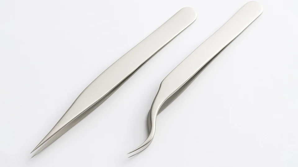 Straight and curved tweezers for applying eyelash extensions