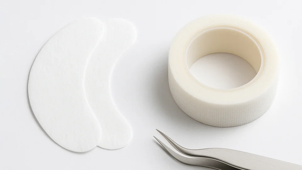 Under-eye pads and lash tape used during eyelash extension application