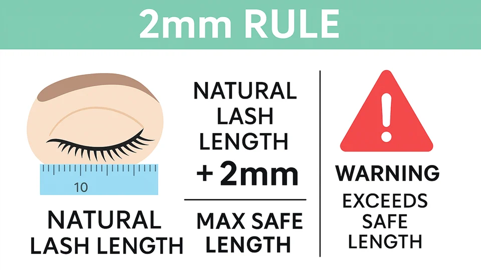Illustration of the 2mm rule for safe eyelash extension length