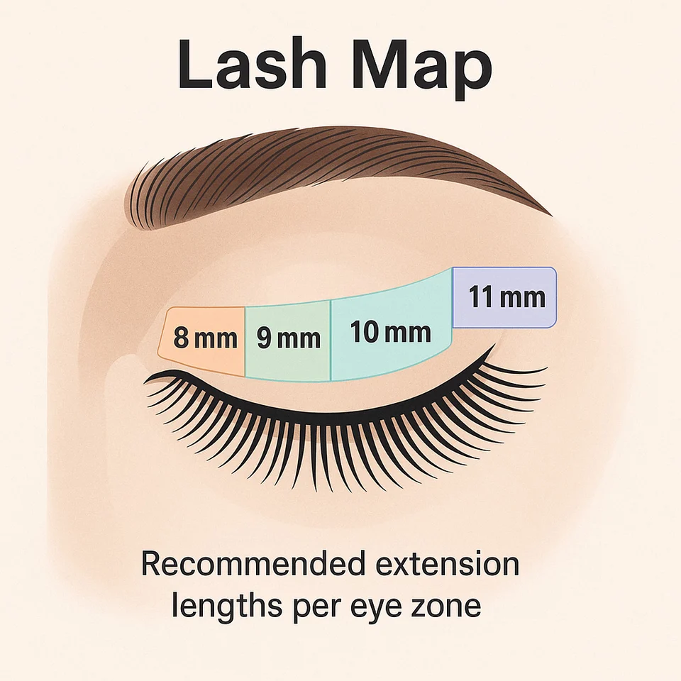 Illustration of lash map showing recommended extension lengths per eye zone