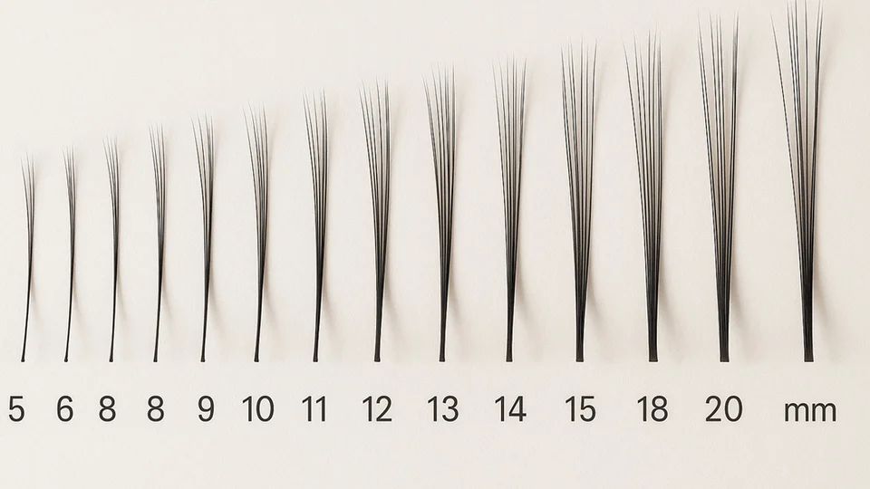 Visual comparison of eyelash extension lengths from 5mm to 20mm