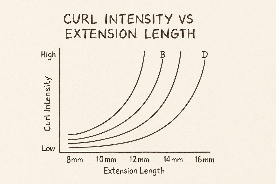 Infographic chart of lash extension lengths and curl combinations for varied styles