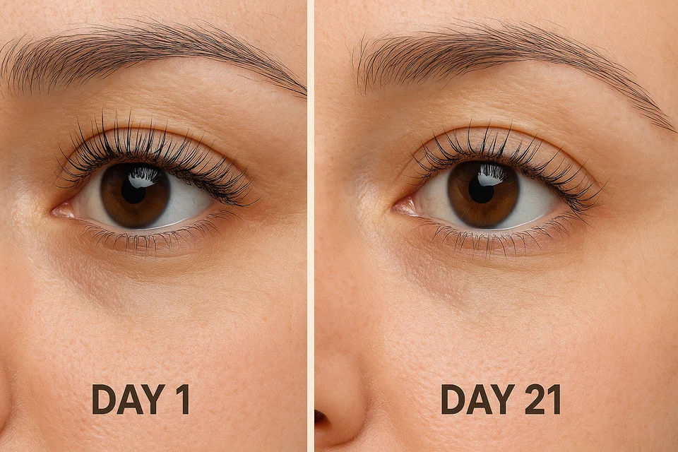 Before and after retention of 12mm eyelash extensions over three weeks